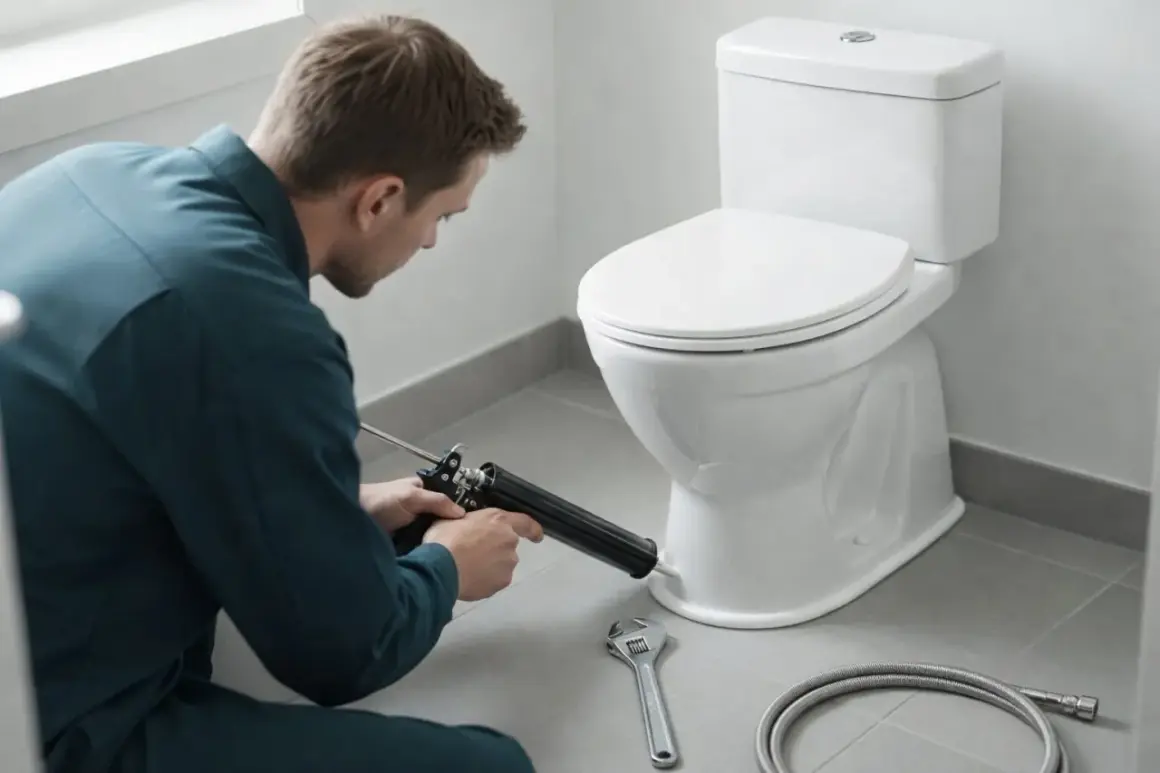 Man använder fogpistol för att montera toalettstol. Verktyg som skiftnyckel och slang ligger redo.