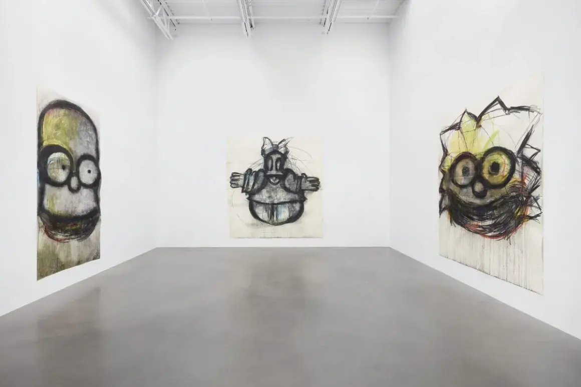 Gallery space with three expressive, cartoon-like portraits by Joyce Pensato.