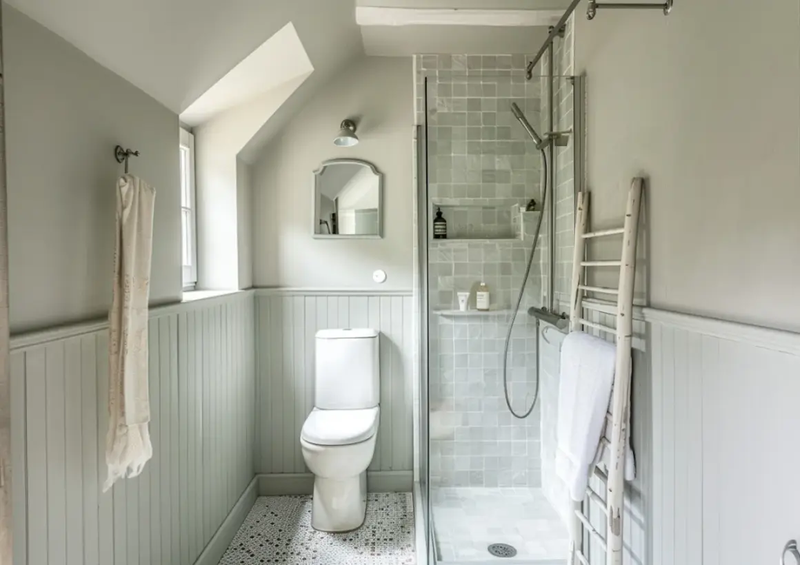 Douche, WC et lavabo dans une petite salle de bain 3m2. Un style épuré et fonctionnel avec des carreaux gris et un mur lambrissé.