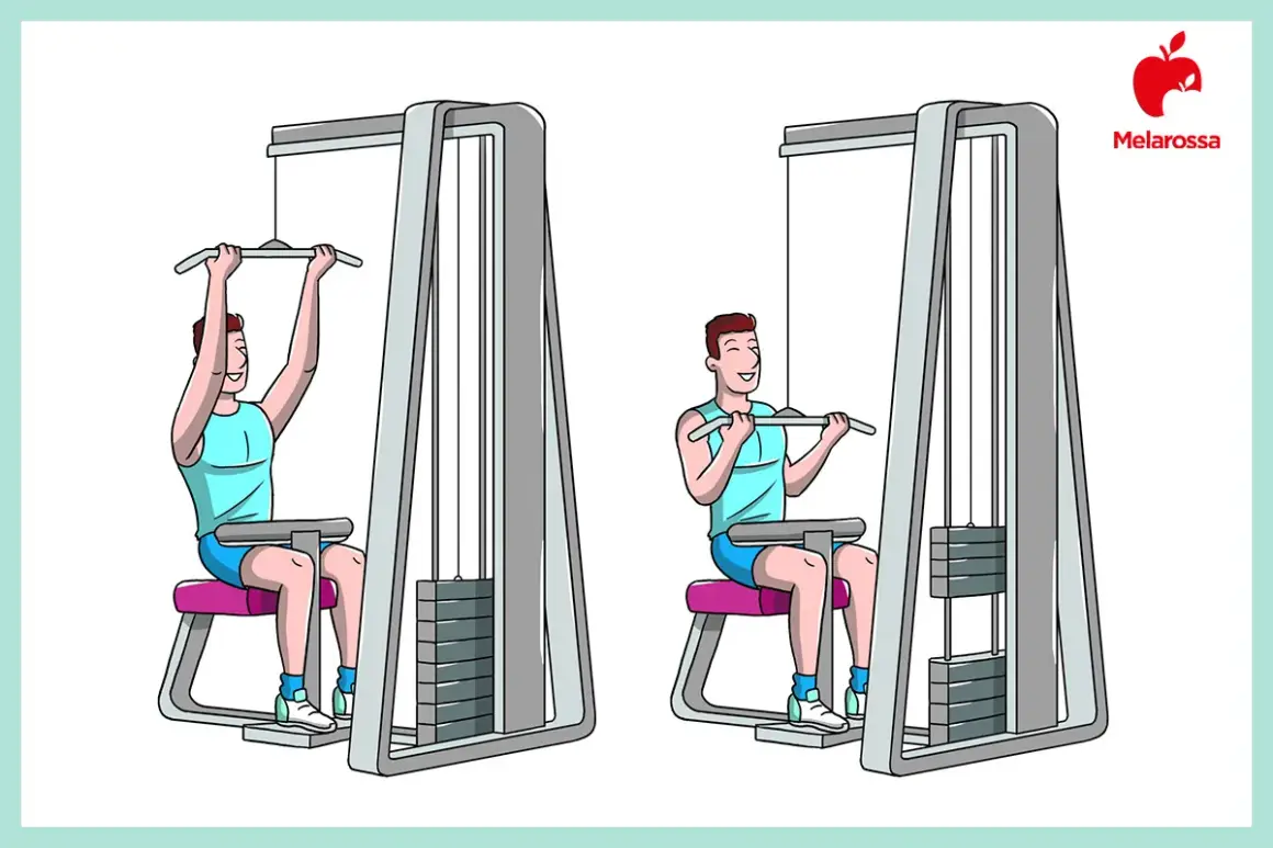 Uomo esegue esercizi bicipiti scheda con lat machine. Due posizioni mostrate per un allenamento completo.