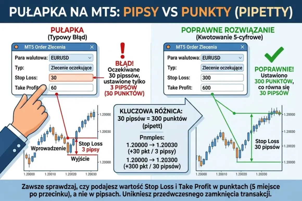 Błąd w MT5: 3 pipsy zamiast 30. Prawidłowe ustawienie Stop Loss i Take Profit w punktach, by uniknąć przedwczesnego zamknięcia transakcji.