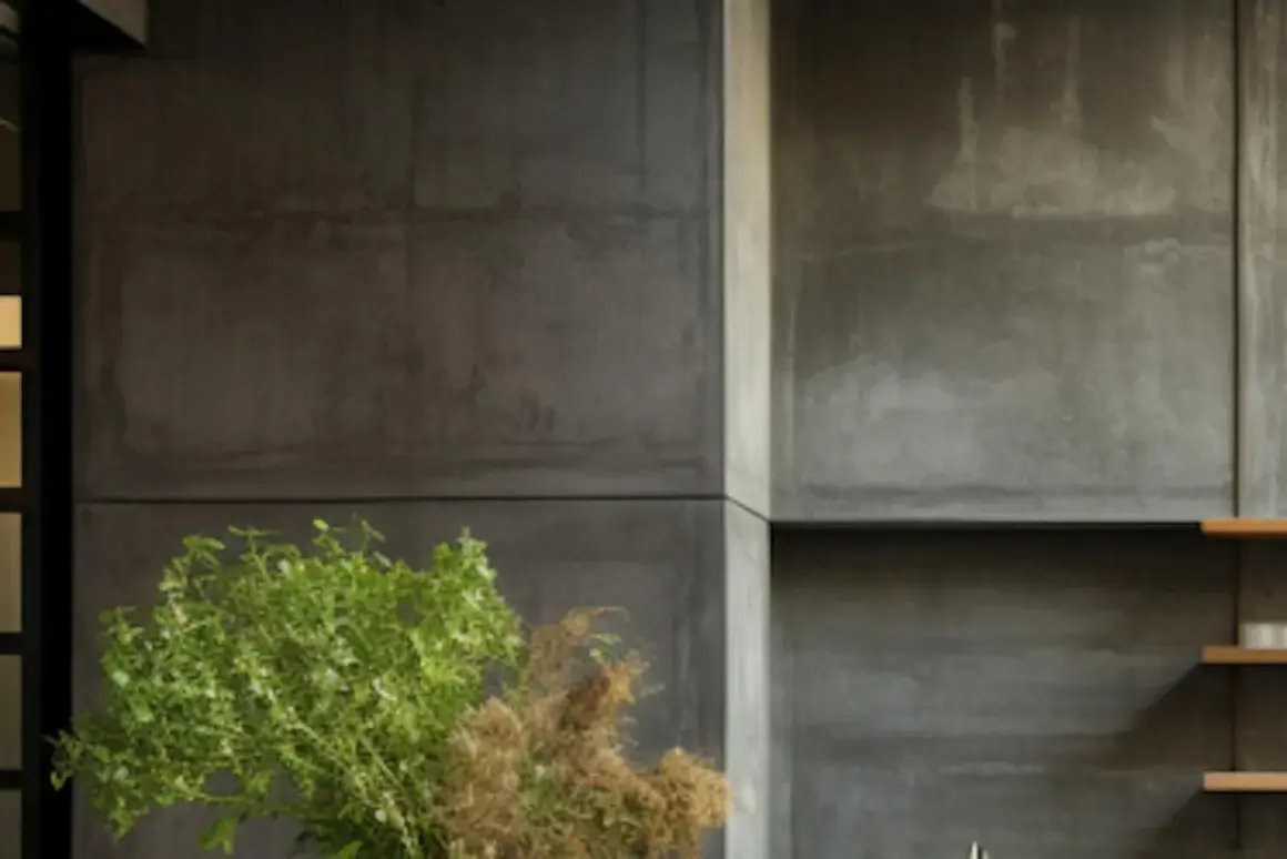 Murs en béton ciré, évoquant un style industriel moderne, avec des plantes vertes apportant une touche de nature. Parfait pour un garage ou un loft.