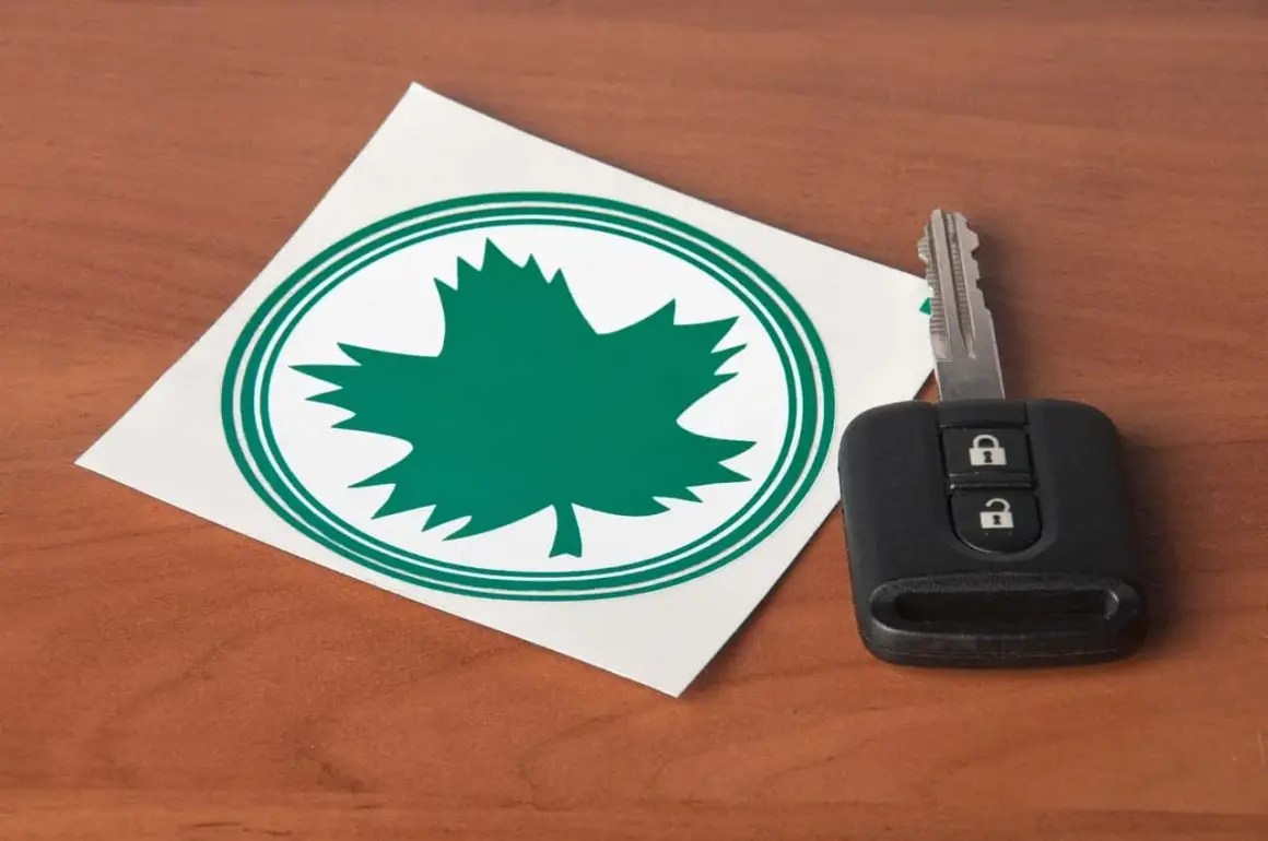 Zielony listek na aucie, symbol natury i wolności, obok kluczyka do samochodu.
