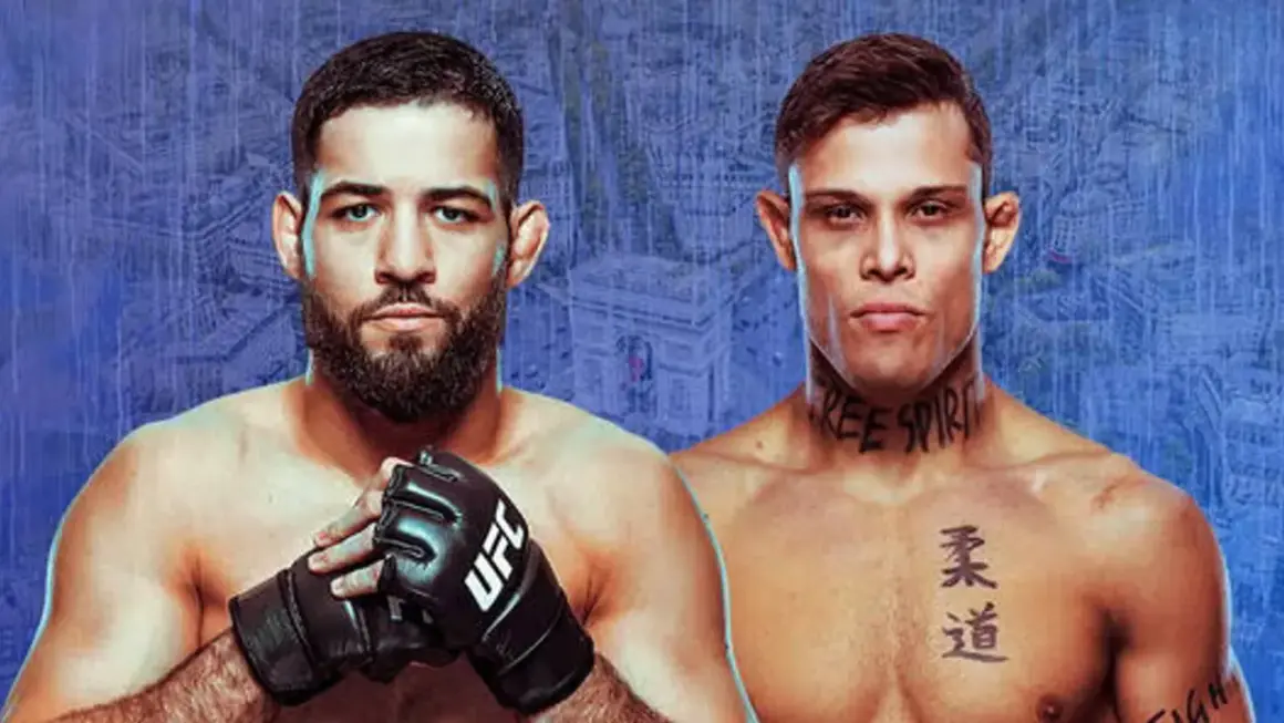 Två UFC-fighters, en med UFC-handske, poserar framför en blå bakgrund med Paris silhuett.