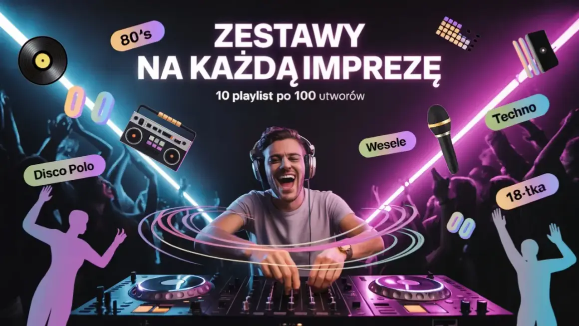 DJ miksuje najlepszą muzykę elektroniczną na imprezę. W tle tańczący ludzie i neony.