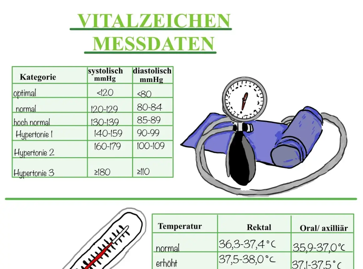 Tabellen zeigen vitale Zeichen normwerte für Blutdruck und Temperatur. Ein Blutdruckmessgerät ist abgebildet.