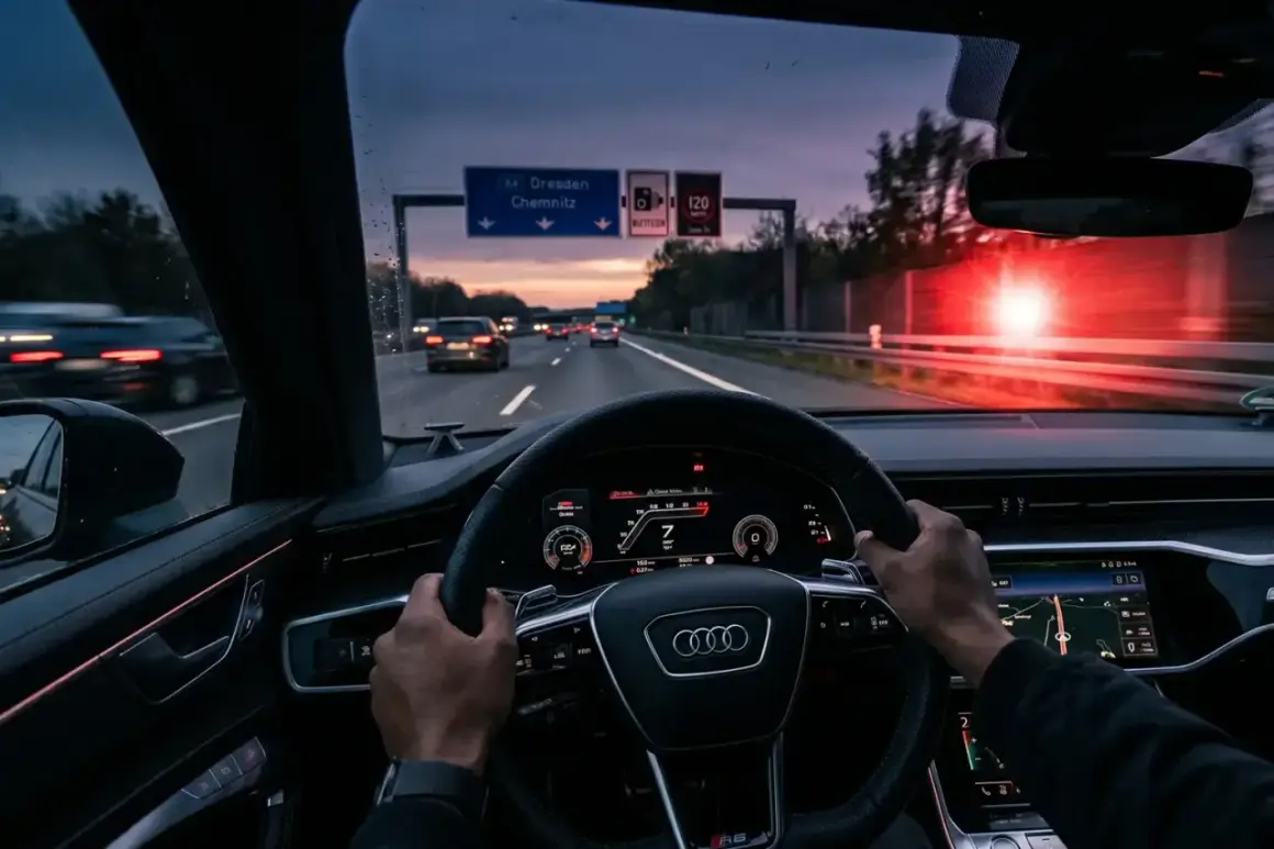 Fahrt auf der Autobahn bei Dämmerung, Hände am Lenkrad eines Audi. Verkehrsschilder zeigen Richtung Dresden/Chemnitz. 132 bkat.