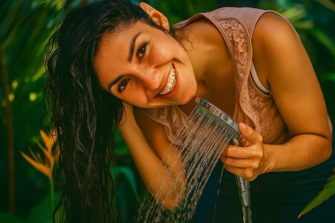 Lächelnde Frau spült sich die Haare mit Wasser. Vielleicht ein letzter Spülgang mit Apfelessig für glänzende Haare?