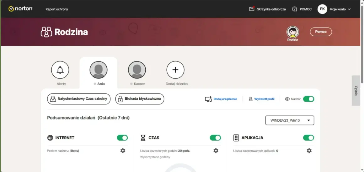 Panel kontroli rodzicielskiej Norton Rodzina. Zarządzaj czasem online dzieci, blokuj strony i aplikacje. Ustawienia dla Ani i Kacpra.