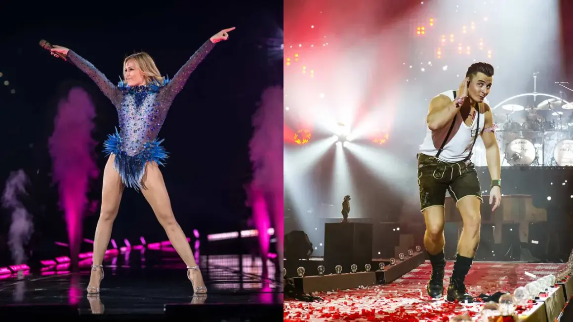 Helene Fischer und ein Mann in Lederhosen auf Bühne. Deutsche Lieder, die jeder kennt, werden hier gefeiert.