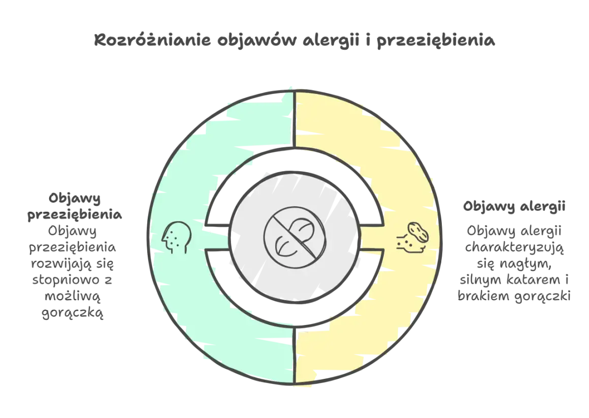 Diagram porównujący objawy przeziębienia (po lewej) i alergii (po prawej) w formie koła.