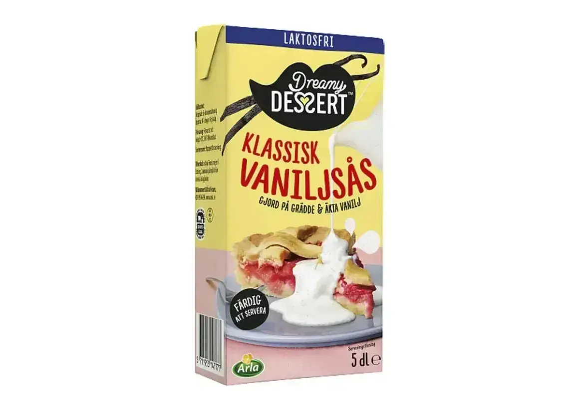 En kartong med Dreamy Dessert klassisk vaniljsås, gjord på grädde och äkta vanilj. Perfekt till pajen för en snabb och god egen vaniljsås.