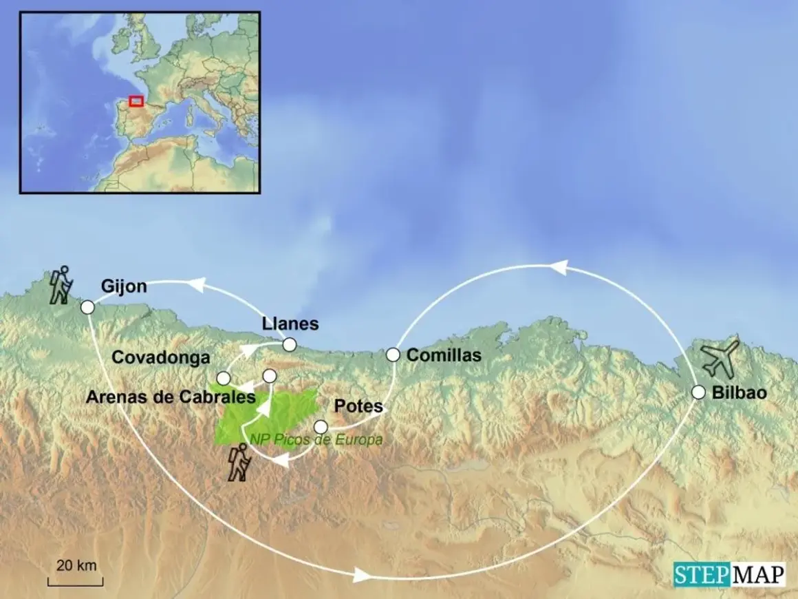 Reiseroute durch die Picos de Europa: Von Gijón über Covadonga und Potes bis Bilbao. Wandersymbole markieren den Weg.