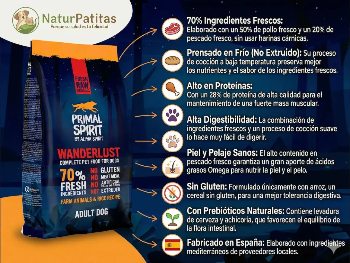 Alimento para perros Primal Spirit Wanderlust, con 70% de ingredientes frescos y proceso de cocción a baja temperatura (pienso prensado en frío) que conserva nutrientes.