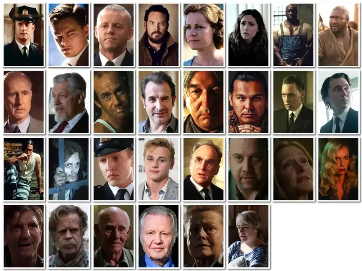Portrety aktorów z filmu "Zielona Mila" i innych produkcji. Wśród nich Tom Hanks, Leonardo DiCaprio, Michael Clarke Duncan.