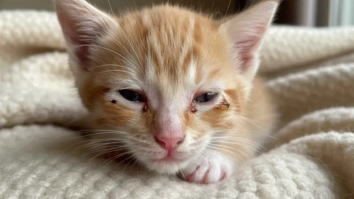 Gatito naranja con conjuntivitis, secreción ocular y costras. Busca información sobre conjuntivitis en gatos como curar.