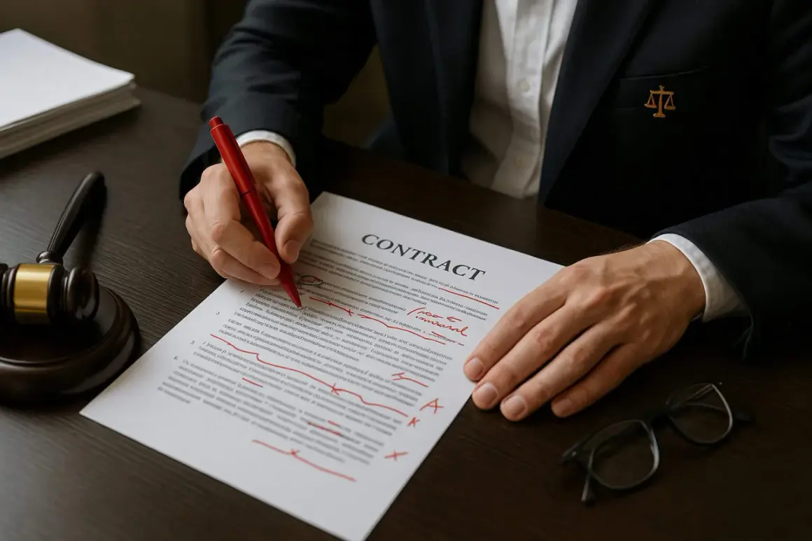 Prawnik w garniturze pisze czerwonym długopisem po dokumencie "CONTRACT". Obok młotek sędziowski i okulary.