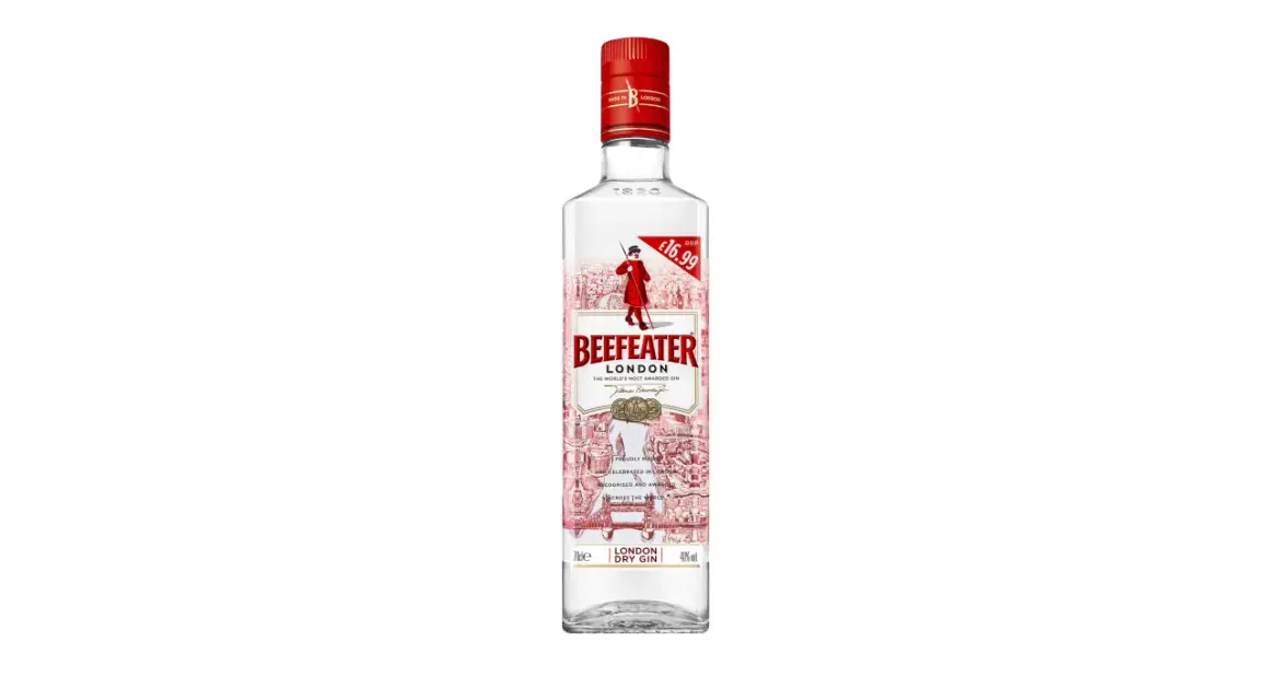 Butelka Beefeater London Dry Gin z ceną £16.99. Klasyczny gin, idealny na drinki.