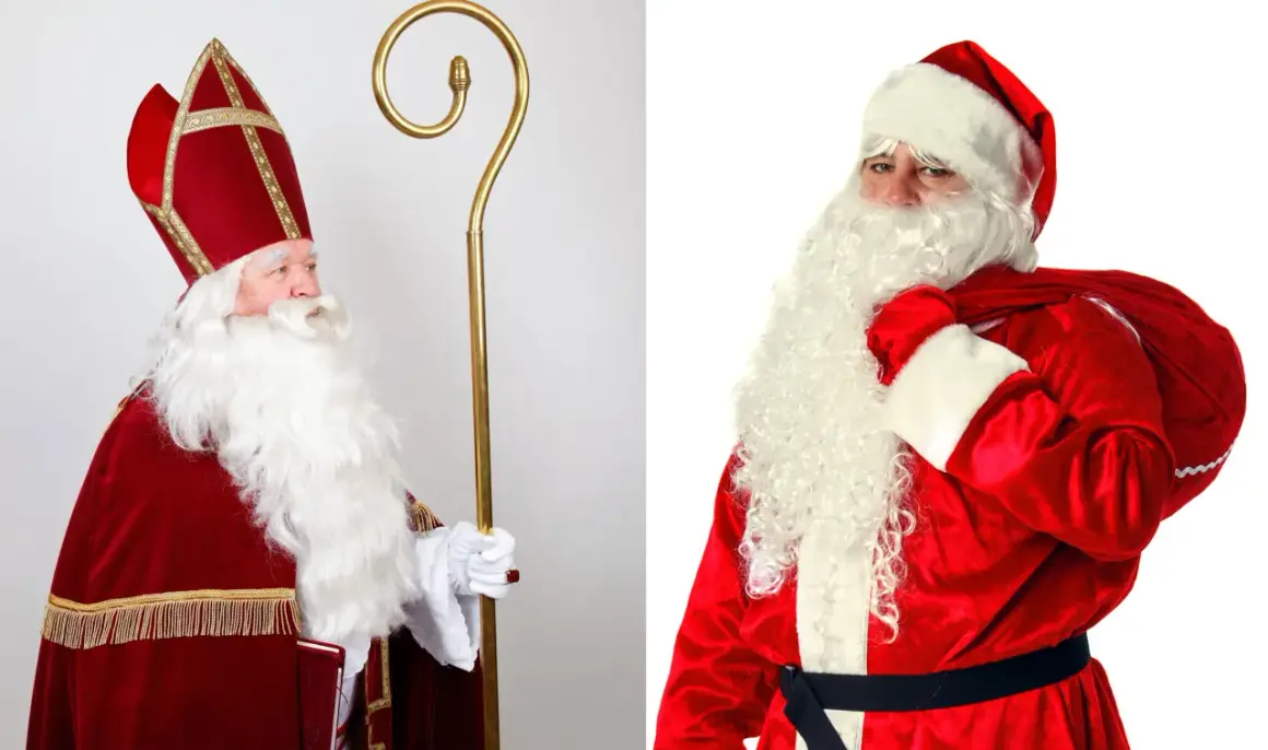 Links: Nikolaus mit Mitra und Stab, rechts Weihnachtsmann mit Sack. Die Darstellung zeigt den Ursprung des Nikolaus.
