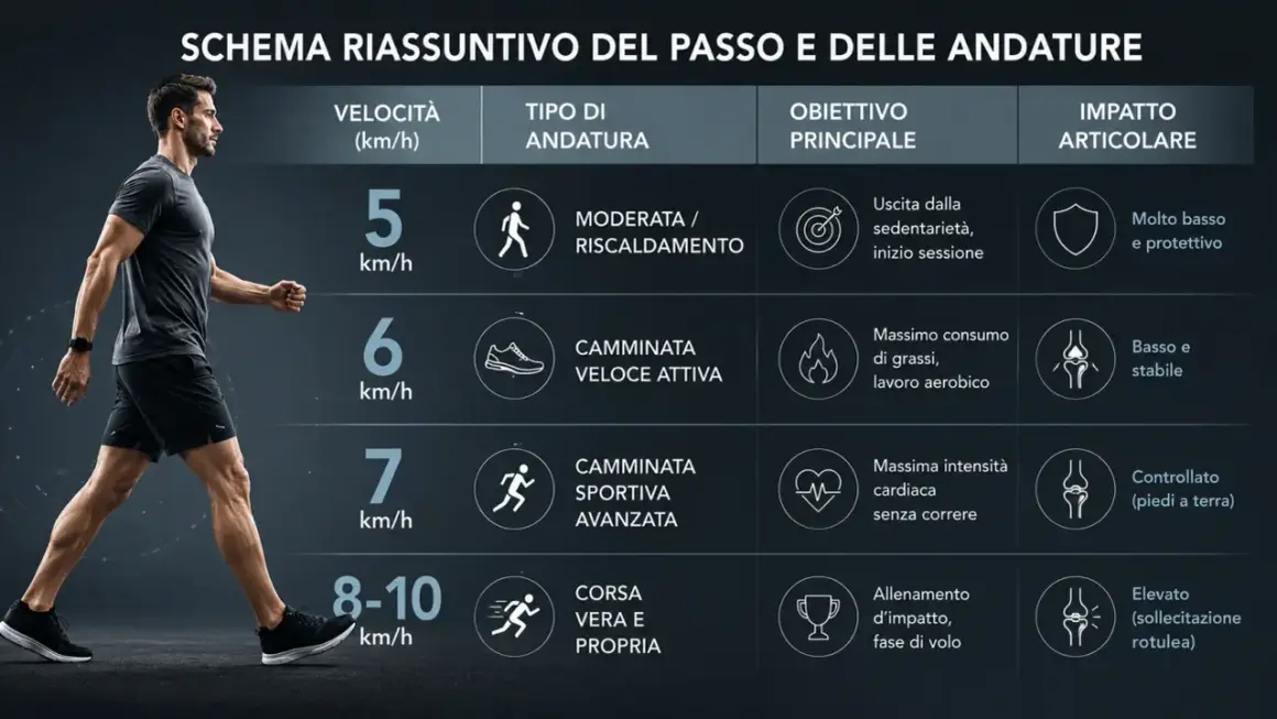 Schema su come si cammina a diverse velocità: da riscaldamento a corsa, con impatto articolare variabile.