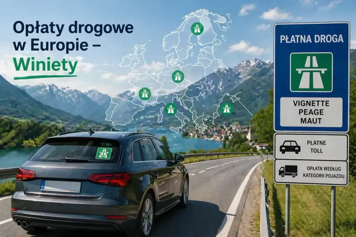 Samochód na drodze w górach, znak "Płatna droga" i mapa Europy z zaznaczonymi punktami opłat.