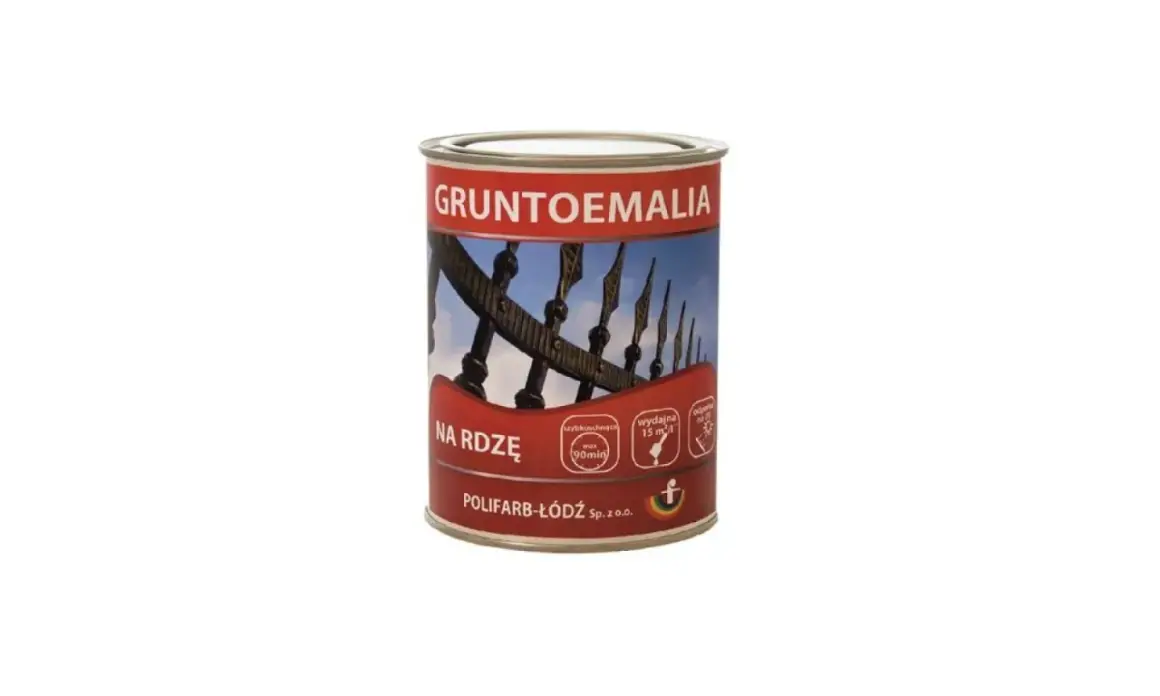 Puszka gruntoemalii do metalu "Na rdzę" z wizerunkiem ogrodzenia. Szybkoschnąca, wydajna.