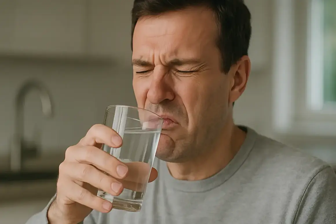 Un homme grimace en buvant un verre d'eau, visiblement déçu par le goût de l'eau chlorée.