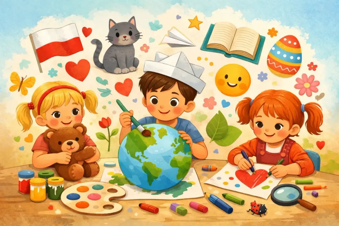 Dzieci malują świat i serca, tworząc radosną atmosferę. Może to być ilustracja na co jest 3 grudnia.