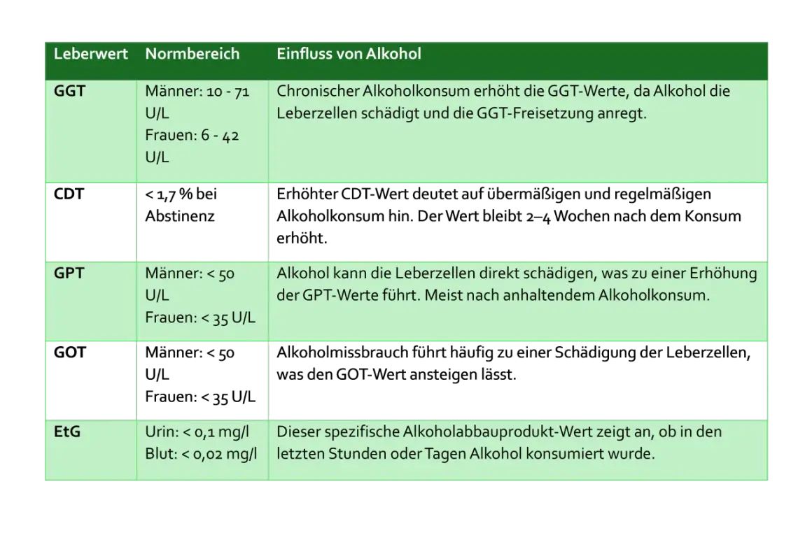 Tabelle zeigt Leberwerte (GGT, GPT, EtG) und deren Zusammenhang mit Alkohol. Erhöhte Werte können auf Alkoholkonsum hinweisen.