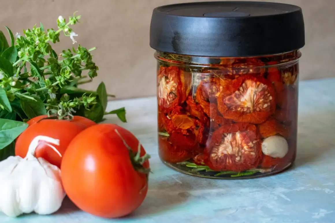 Glas mit eingelegten, sonnengetrockneten Tomaten, frischen Tomaten, Knoblauch und Basilikum. Perfekt für die Konservierung von Tomaten.