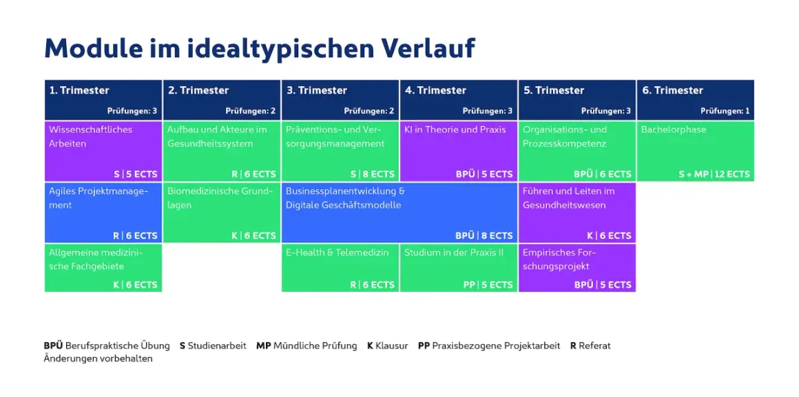 Übersicht über Module im berufsbegleitenden Gesundheitsmanagement: Von wissenschaftlichem Arbeiten bis zur Bachelorphase, über KI und Prozesskompetenz.