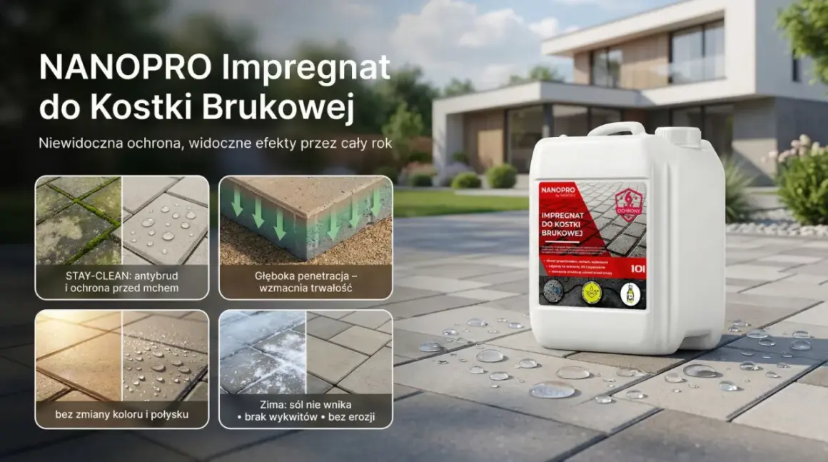 Impregnacja schodów zewnętrznych z kostki brukowej przed solą i mrozem. NANOPRO chroni przed wilgocią, mchem i erozją, zachowując naturalny wygląd.