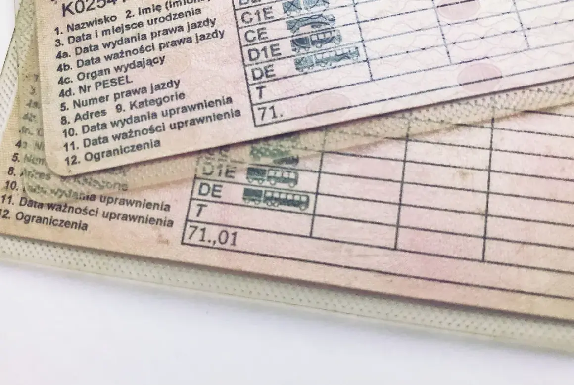 Fragmenty blankietów prawa jazdy z widocznymi kategoriami pojazdów i datami.