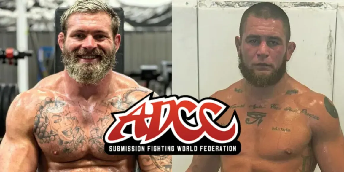 Två brottare, en med skägg och tatueringar, den andra med kort hår och skägg. En logotyp för ADCC Submission Fighting World Federation syns mellan dem. Gordon Ryan är en av dem.