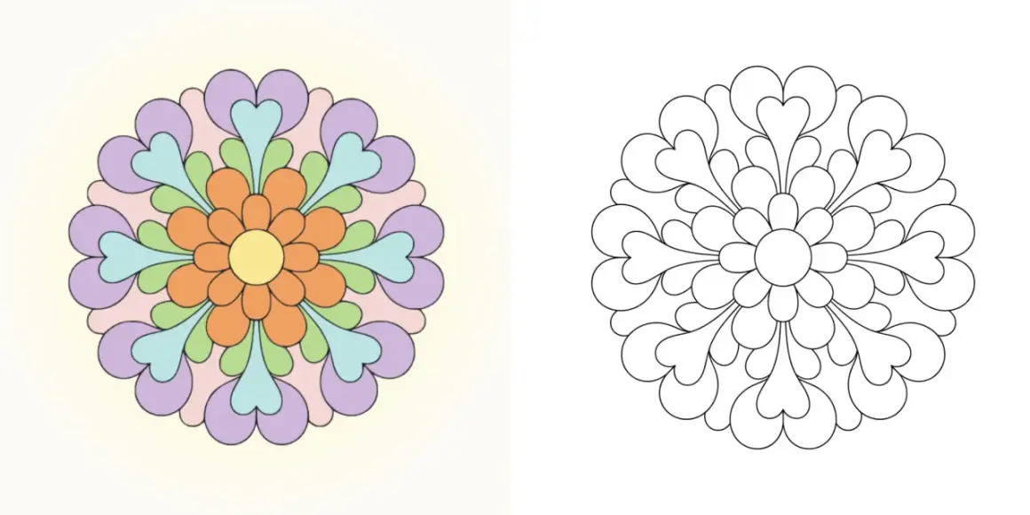 Mandala colorata e versione in bianco e nero, perfette per stampare semplici mandala da colorare e dare sfogo alla creatività.