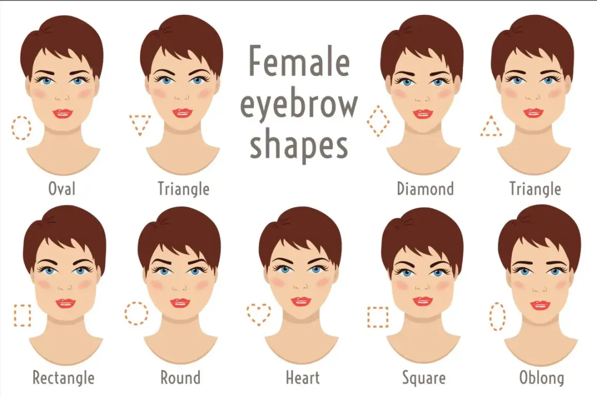 Illustrazione di diverse forme di viso e sopracciglia. Trova la forma giusta per il tuo viso.