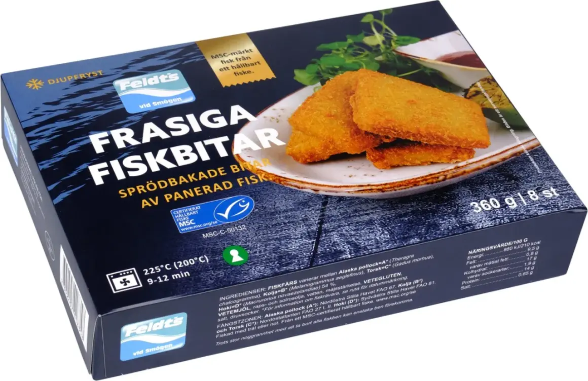 Frasiga, sprödbakade fiskbitar av panerad fisk från Feldt's. Perfekt för en snabb och god middag.