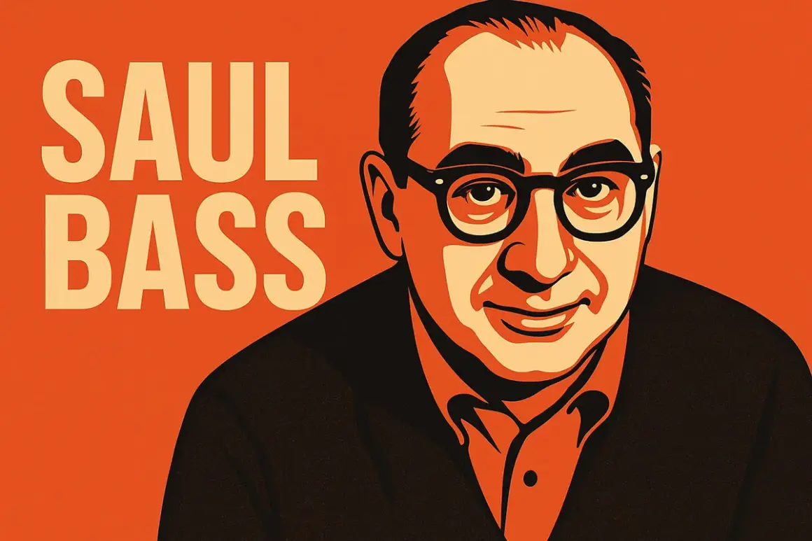 A stylized portrait of Saul Bass, with his name in large letters to the left. This graphic style evokes the iconic Saul Bass logos he created.