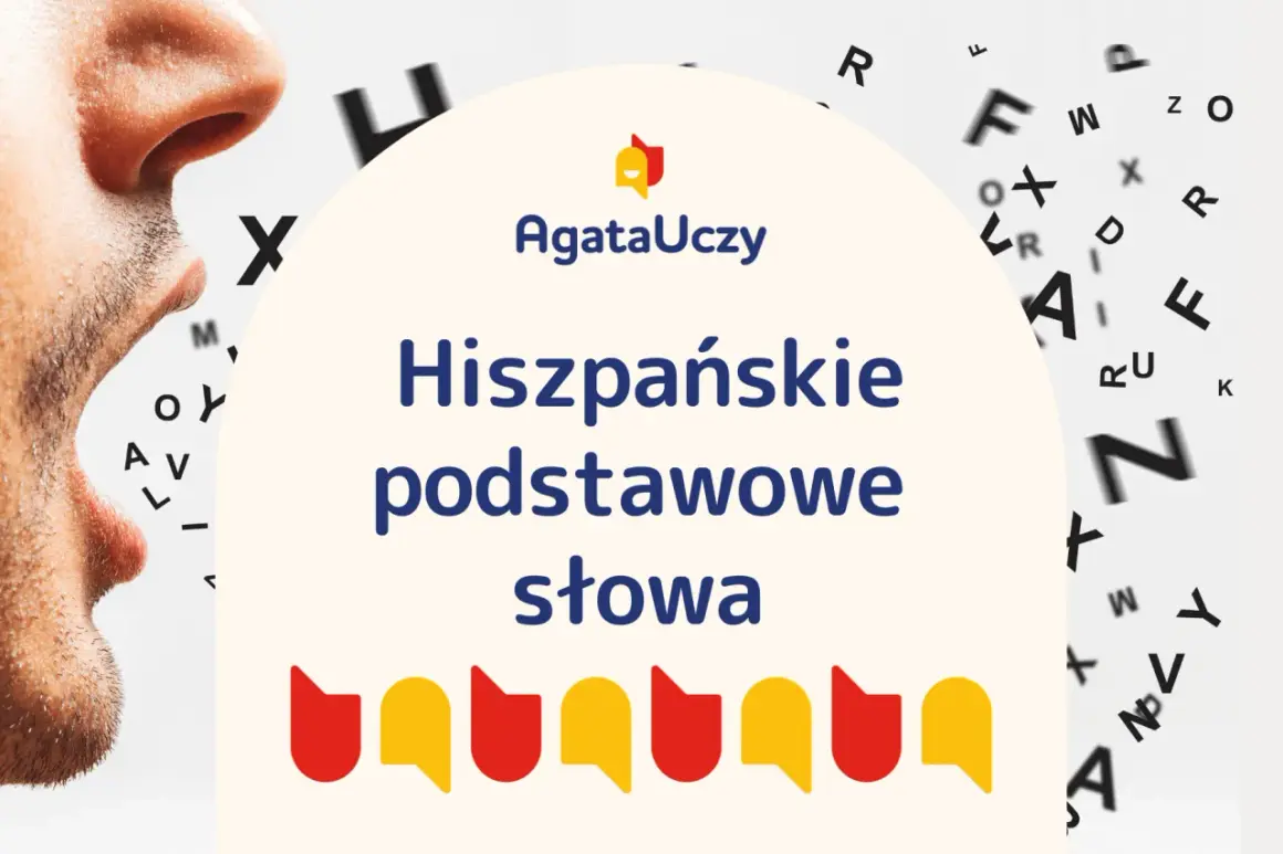 Nauka hiszpańskie podstawowe słowa z AgataUczy. Obok usta i litery w tle.