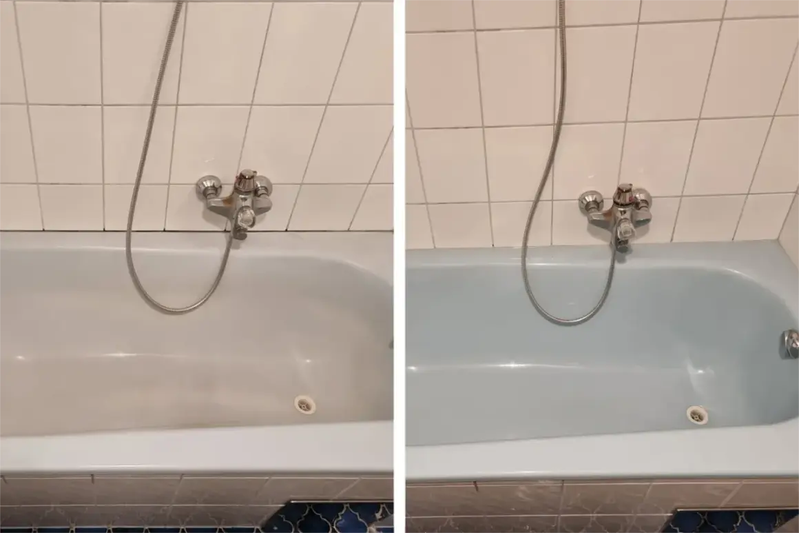 Vorher-Nachher-Vergleich: Eine schmutzige Badewanne wird strahlend sauber. Das Ergebnis nach dem **Badewanne reinigen** ist beeindruckend.
