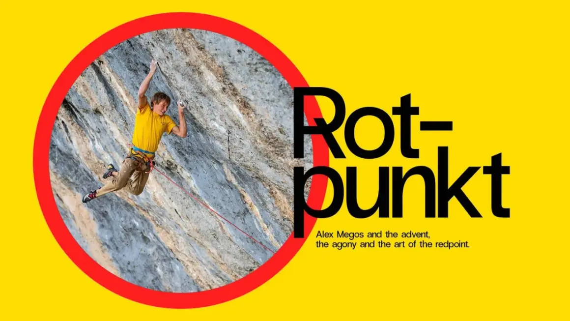 Kletterer Alex Megos im roten Punkt. Die Kunst des Rotpunktkletterns, die Anstrengung und der Triumph.