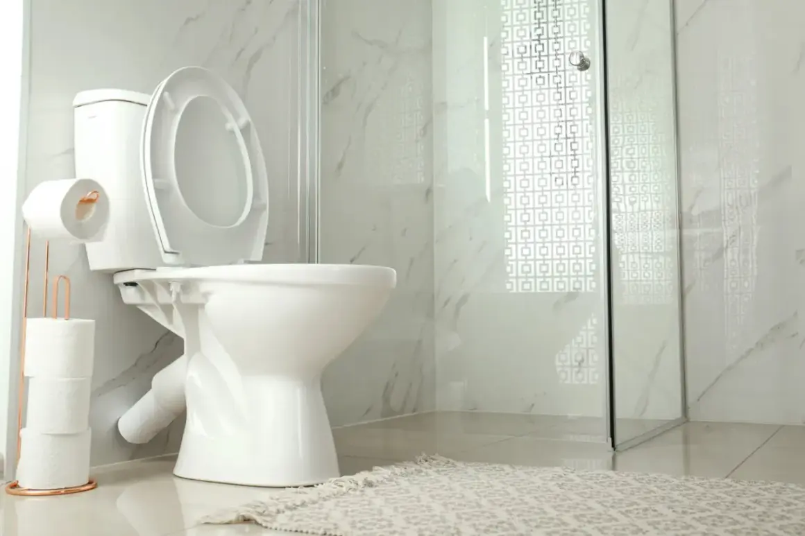A modern bathroom with a white toilet, open lid, and a copper toilet paper holder. The toilet is not flushing, causing a minor inconvenience.