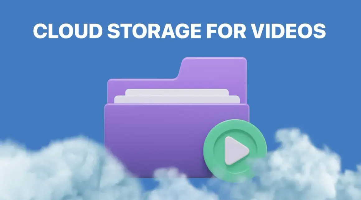 A purple folder icon with a play button, symbolizing cloud storage for videos, floats among soft clouds against a blue sky.