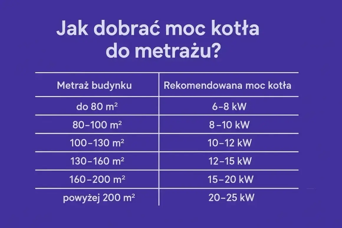 Tabela pokazuje, jak dobrać moc kotła do metrażu budynku. Od 6-8 kW dla małych domów do 20-25 kW dla dużych posiadłości.