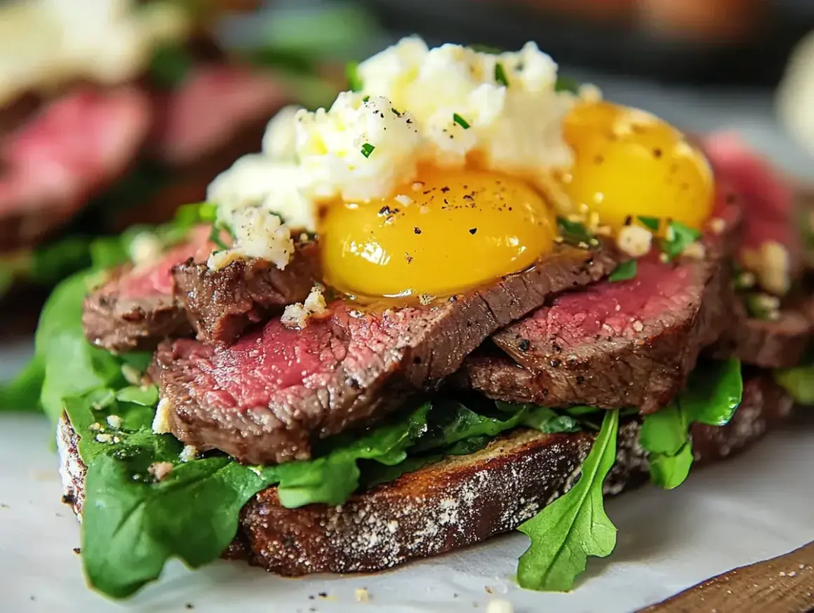 En lyxig bookmaker toast med saftig biff, rucola, två perfekt stekta ägg och en klick potatismos.