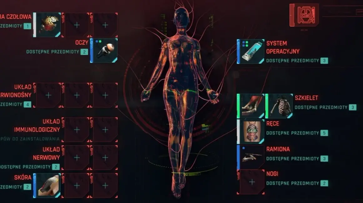 Interfejs ripperdoca pokazuje cybernetyczne ulepszenia ciała: mózg, oczy, szkielet, ręce, nogi i skórę.