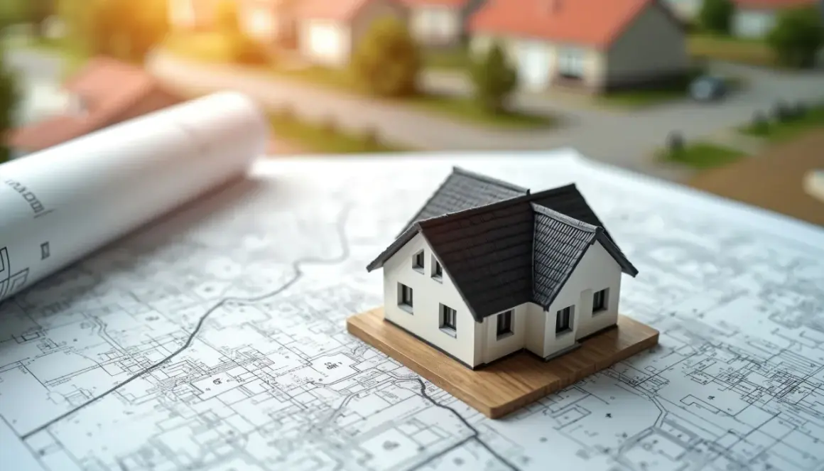 Model domu na planach architektonicznych, zapowiadający budowę nowych domów z ogrodami.