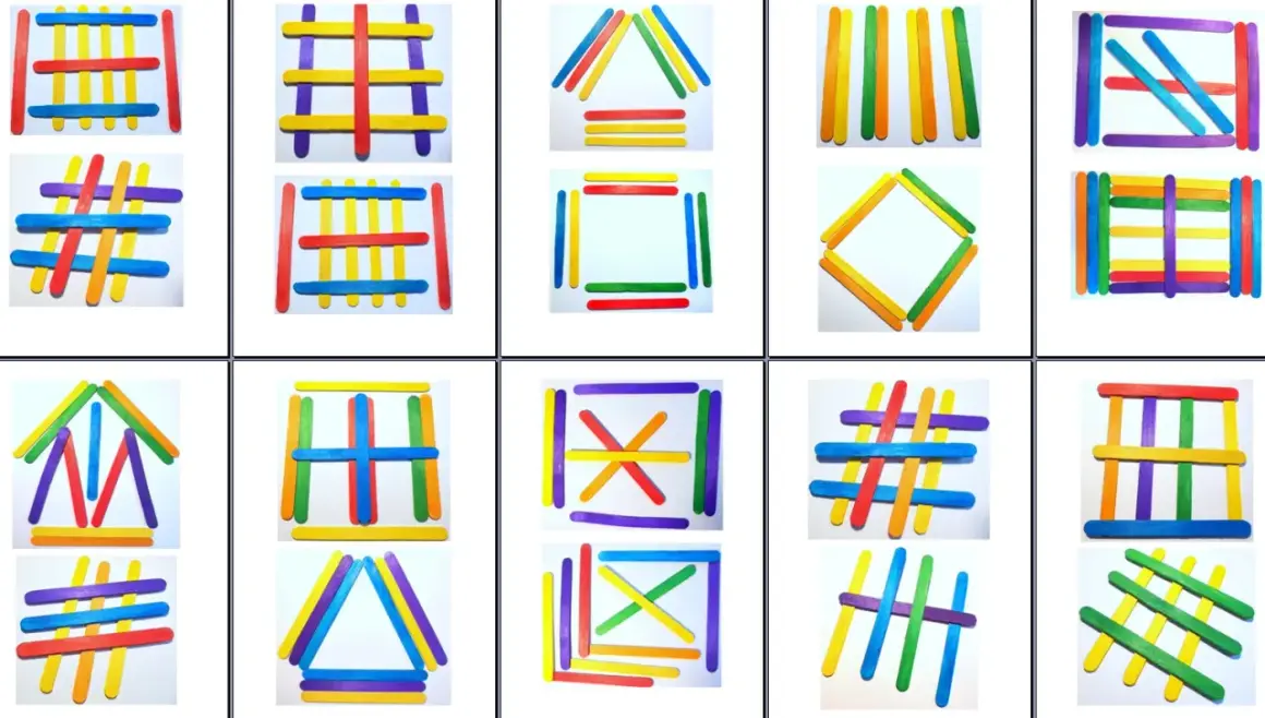 Kolorowe patyczki tworzą różne figury geometryczne i wzory. To kreatywna gra z patyczkami, która rozwija wyobraźnię.
