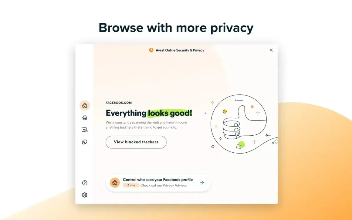 Avast VPN chroni Twoją prywatność online. Okno przeglądarki pokazuje komunikat "Everything looks good!" na Facebooku, z informacją o zablokowanych trackerach.