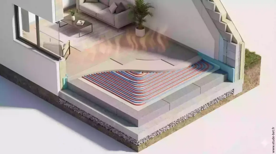 Coupe d'une maison montrant le chauffage par le sol et l'isolation vide sanitaire.